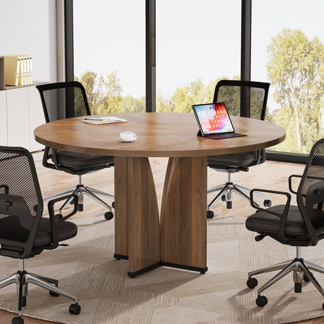 Tribesigns 39" Round Conference Table for 4, Modern Round Meeting Table with Sturdy Base, Small Compact Conference Room Tables for Office, Training, or Negotiation (Brown) Tribesigns