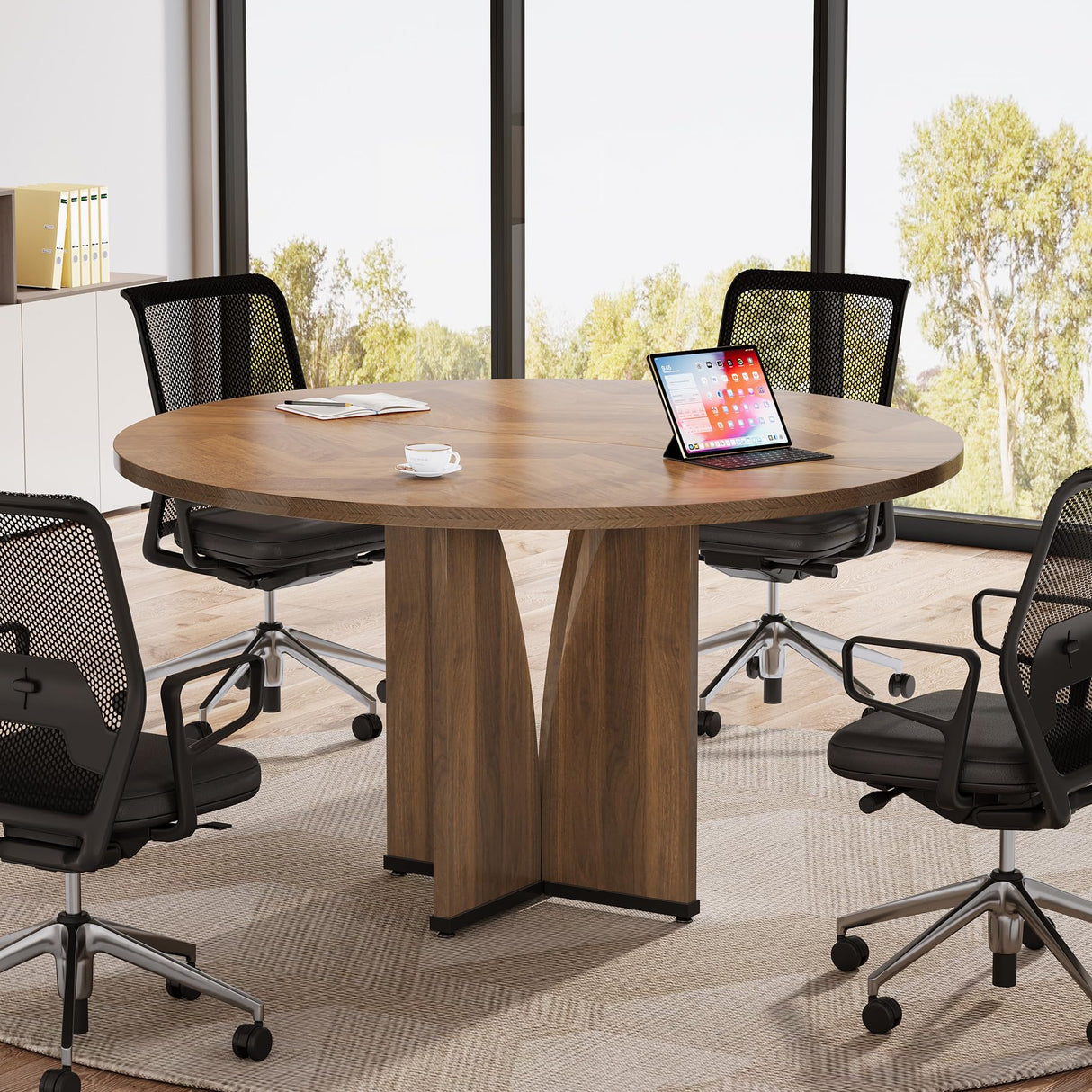 Tribesigns 39" Round Conference Table for 4, Wooden Meeting Table for Training & Seminar, Modern Small Office Table for Negotiation, Multi-Purpose Business Tables for Conference Room (Brown) Tribesigns
