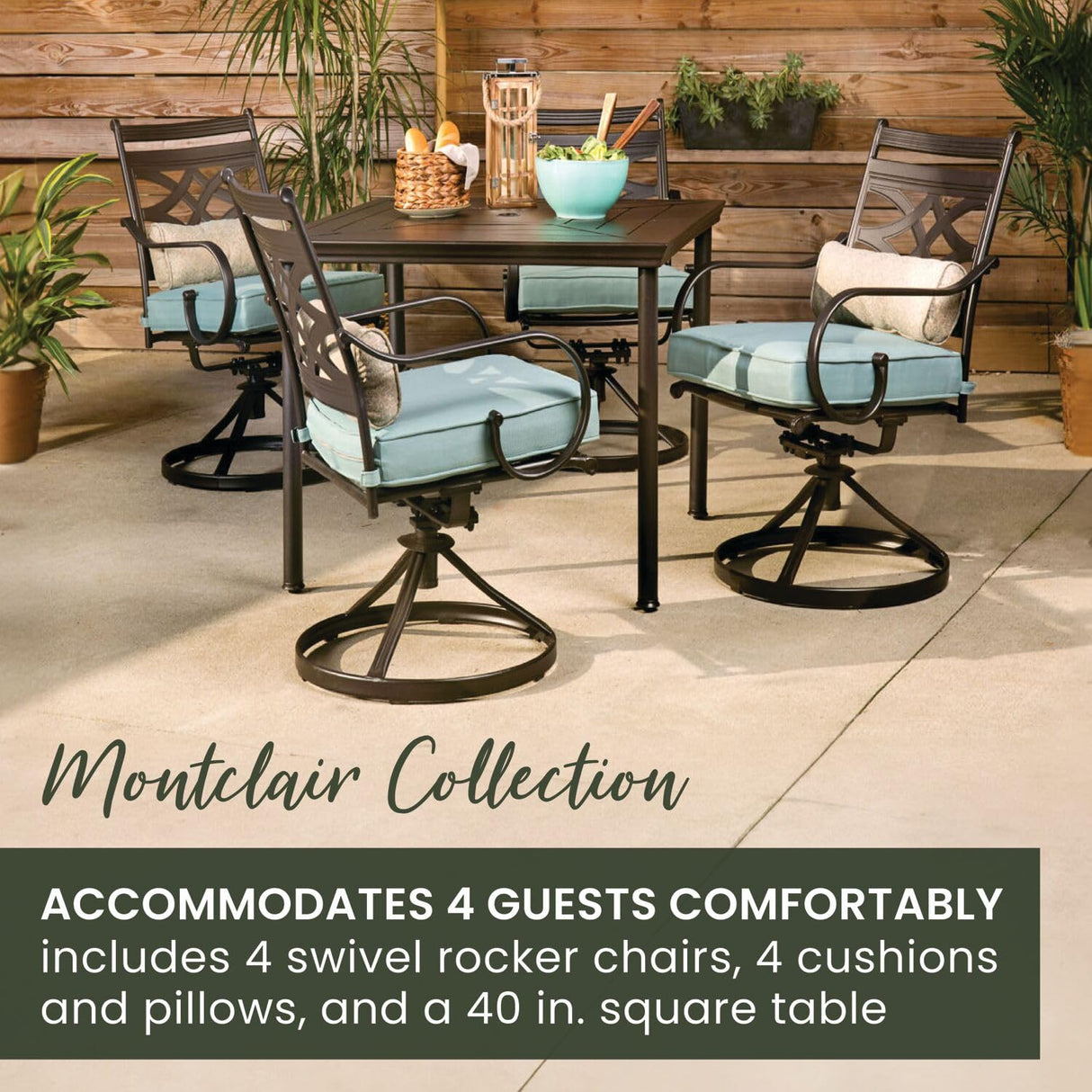 Hanover Montclair 5-Piece Outdoor Dining Set with Stamped Steel Square Dining Table and 4 Swivel Rocker Chairs with Cushions, Weather-Resistant Patio Dining Set for 4, Patio, Backyard, Deck Hanover