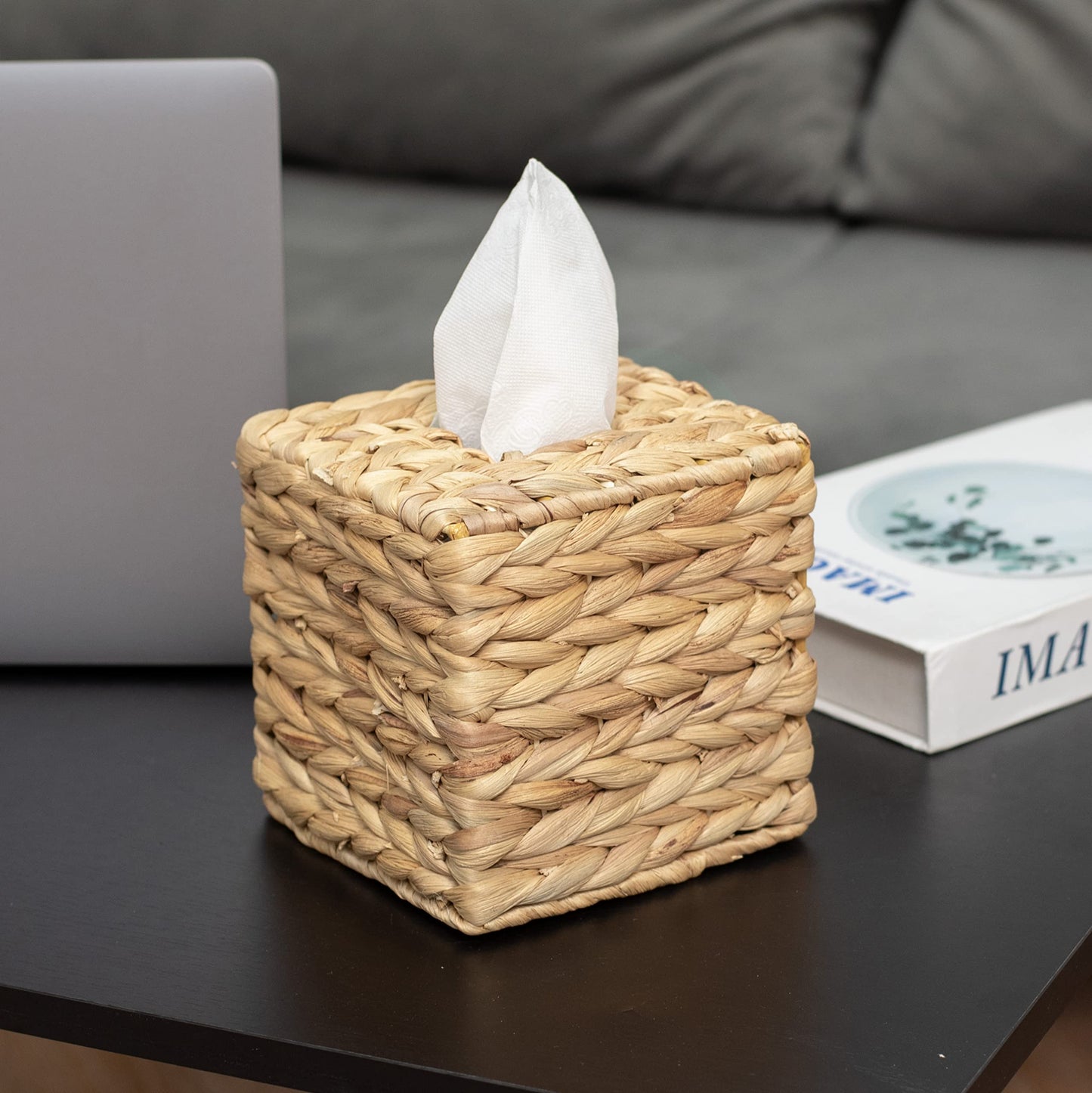 KOLWOVEN Tissue Box Holder - Tissue Box Cover Square- Wicker Tissues Cube Box Cover -Boho Decorative Woven Facial Tissue Holder on Table and Bathroom (Square)