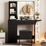 IRONCK Vanity Desk with LED Lighted Mirror & Power Outlet, Makeup Table with Drawers & Cabinet,Storage Stool,for Bedroom, Black IRONCK