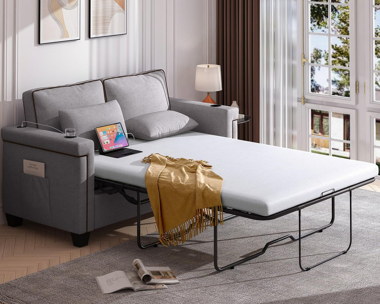 Fadware Pull Out Sofa Bed, Full Size Sleeper Sofa Couch with Memory Foam Mattress, 2 in 1 Convertible Pullout Couch Bed with USB Charging Ports for Compact Living Space, Apartment, Office, Grey Fadware
