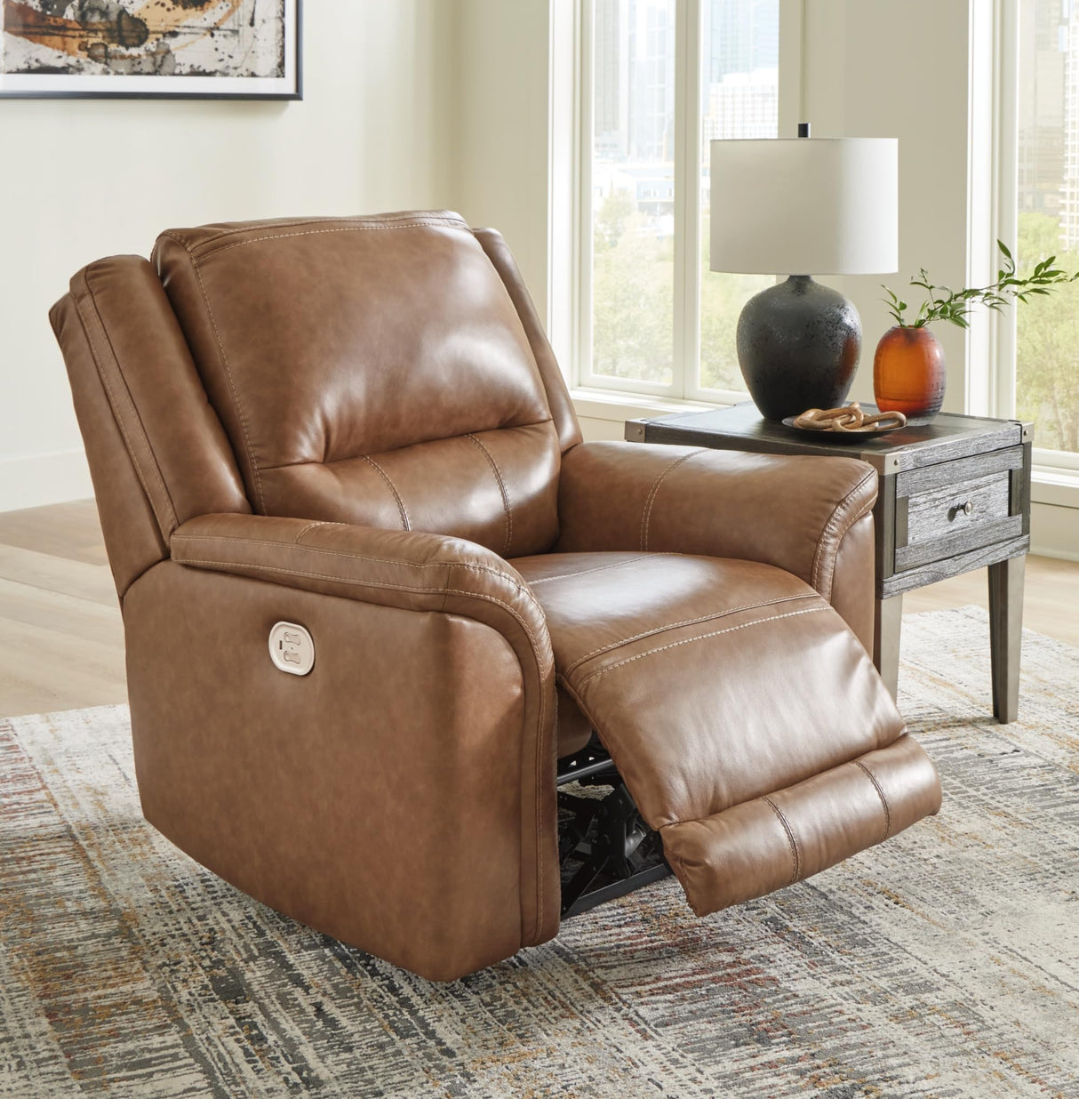 Signature Design by Ashley Trasimeno Contemporary Leather Match Wall Hugger Power Recliner with Adjustable Headrest and USB Ports, Light Brown Signature Design by Ashley