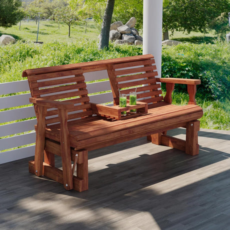 Amish Casual Heavy Duty Rollback Console Porch Glider in Cedar Stain - Patio Glider with Fold Down Cupholders Amish Made in The USA Amish Casual