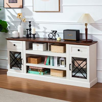 ENOUSHU 70 inch Farmhouse TV Stand Table for 75 80 inch TV, Modern Entertainment Center with LED Lights and Glass Doors, Wooden White tv Stands for Living Room