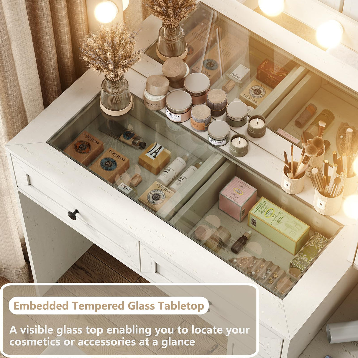 Diwnnue Large Farmhouse Mirror Vanity Desk with LED Bulbs White Makeup Table Set Glass Tabletop for Bedroom Charging Station & Power Outlet Adjustable Light Mode Diwnnue