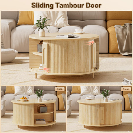 YKVIQBY Round Lift Top Coffee Table, 31.5" Fluted Wood Accent Coffee Table with 180° Curved Sliding Door, Hidden Storage, Mid Century Modern Center Table for Living Room Office Small Spaces, Oak YKVIQBY