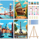 xcemhil 4 Pack Paint by Number for Adults Canvas with Wooden Frame, Paint by Number Kit for Adults Landscape, Famous City Paint by Numbers with Wooden Easel for Home Wall Art Decor Use 8x12 Inch xcemhil