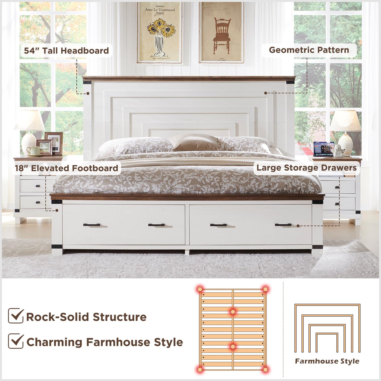 RedLemon Antique White Farmhouse Queen Bed Frame with 54" Geometric Headboard and Storage Drawers - WoodArtSupply