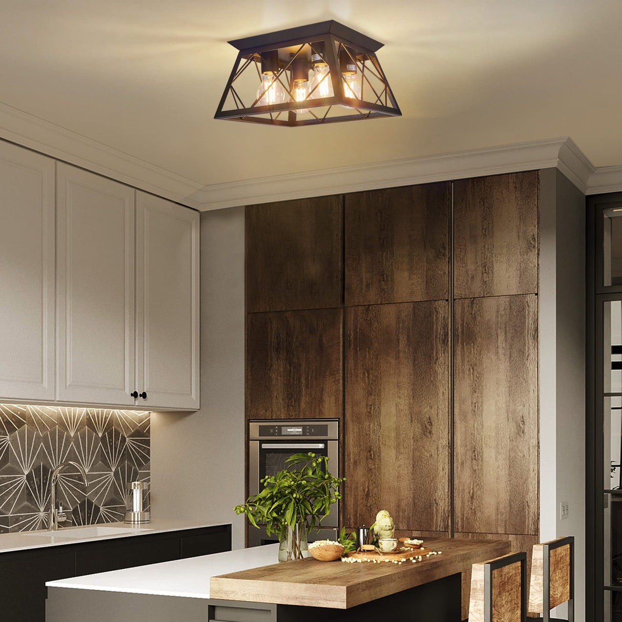 FadimiKoo 4-Light Black Flush Mount Ceiling Light for Kitchen Hallway, Industrial Close to Ceiling Lighting, Farmhouse Square Cage Lamp for Dining Room, Living Room, Bulb Not Included FadimiKoo