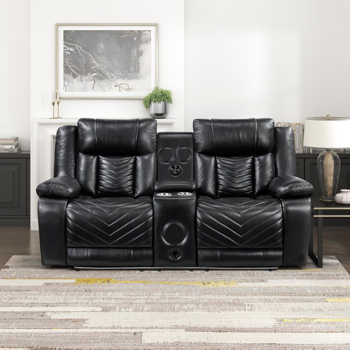 Lexicon Wall Hugger Power Double Reclining Loveseat with Console, Faux Leather Home Theater Seating with LED Lighting, Charging Ports, Bluetooth Speaker Wireless, Cup Holders, Hidden Storage, Black Lexicon