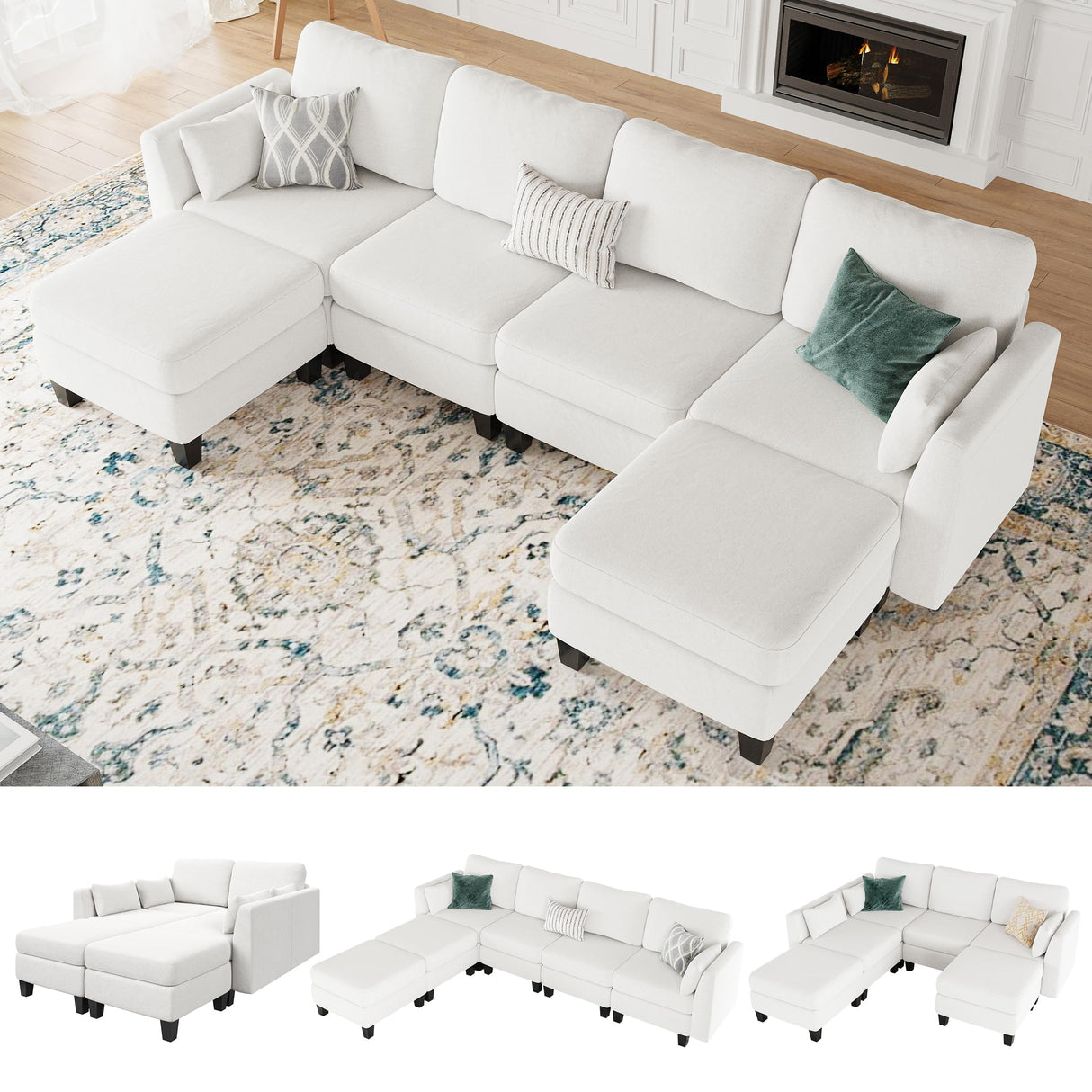 Huatean Home Modular Sectional Sofa, Convertible U Shaped Sofa Couch with High Density Memory Foam, 6 Seat Comfy Modular Sofa Couch for Living Room, Modern U Shaped Sectional Sofa, White Huatean Home