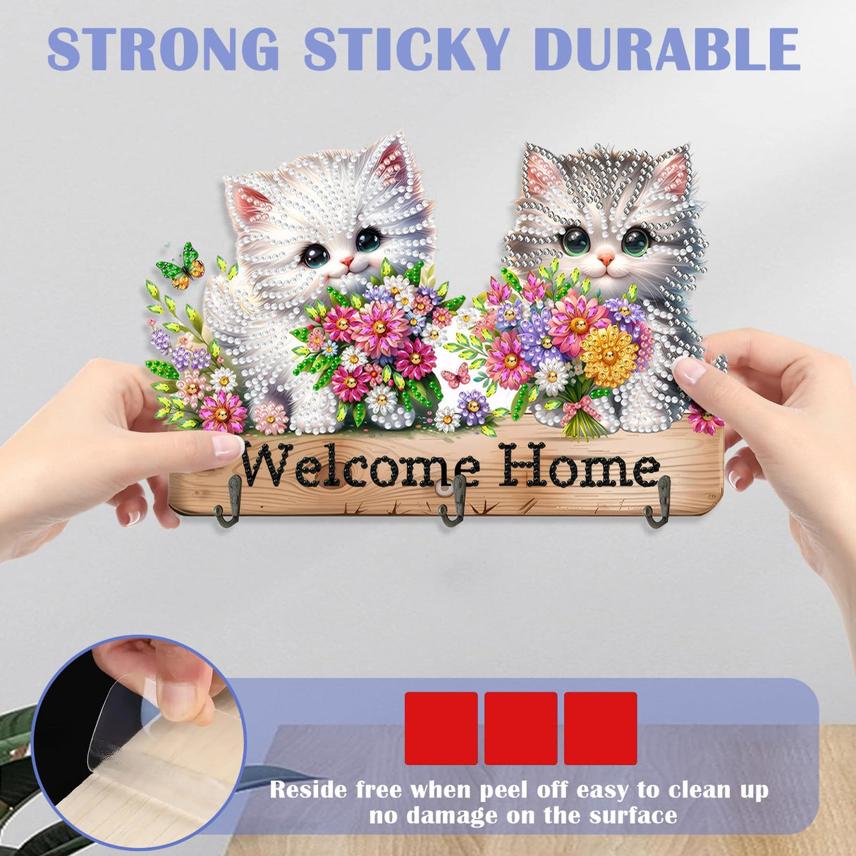 Diamond Art Kits for Adults, DIY Diamond Painting Key Holder for Wall with 3 Hooks for Hanging Keys, Sunglasses, Bag (Cats) WoodArtSupply