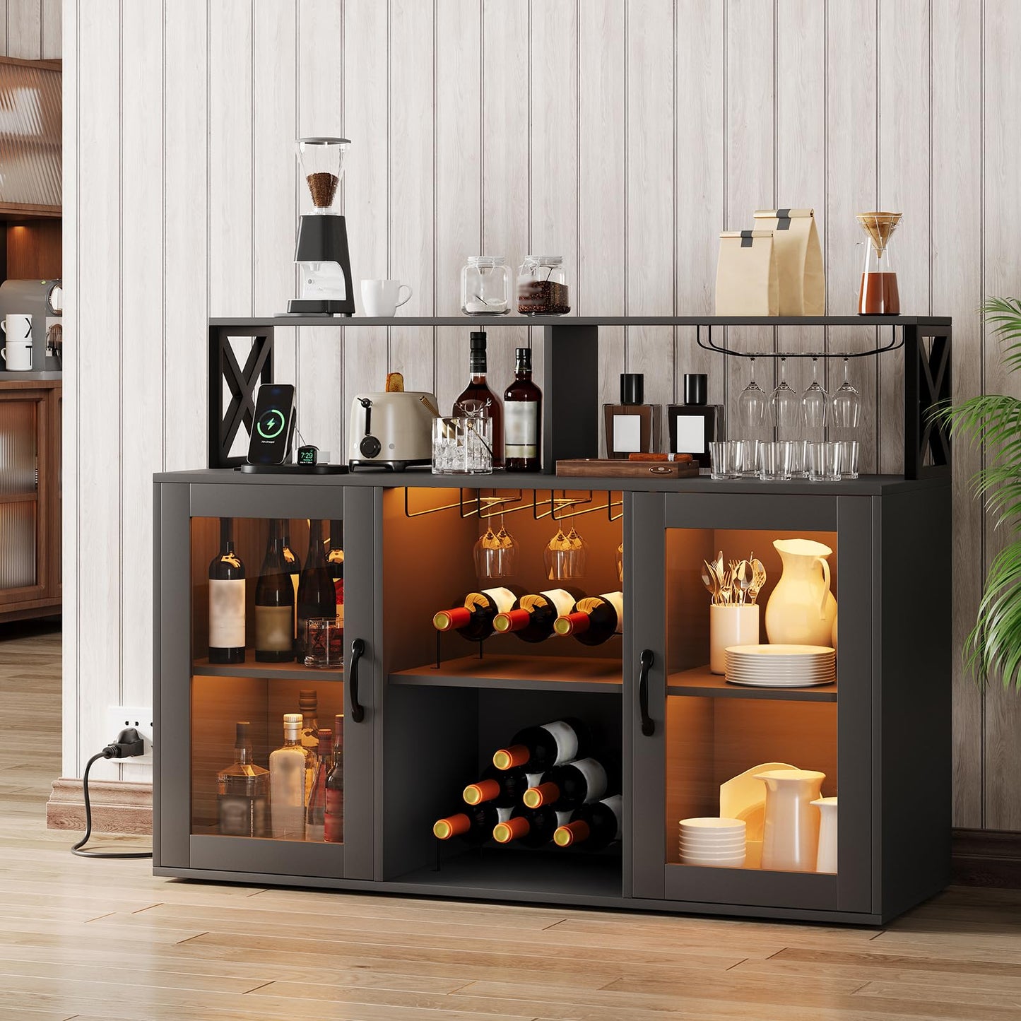 GarveeHome Bar Cabinet for Home, Liquor Cabinet with Power Outlets, Led Lights and and Glass Holder, Wine Cabinet with Storage, Wine Cabinet with Racks for Home, Kitchen Black