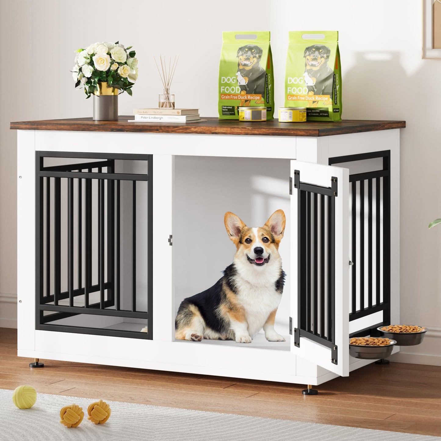 YITAHOME 35" Dog Crate Furniture, Wooden Dog Crate End Table for Medium Dogs up to 55 lbs, Indoor Double Door Dog Crate with Adjustable Feet and Removable Bowls(35" L x 20.4" W x 25.2" H) - WoodArtSupply