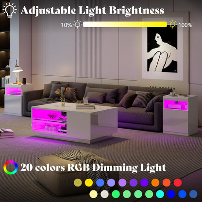 AMERLIFE 3-Piece Modern High Gloss LED Table Set, Coffee Table with 20-Color LED Lights, 2 End Tables with Wireless Charging Station for Living Room & Bedroom, White - WoodArtSupply