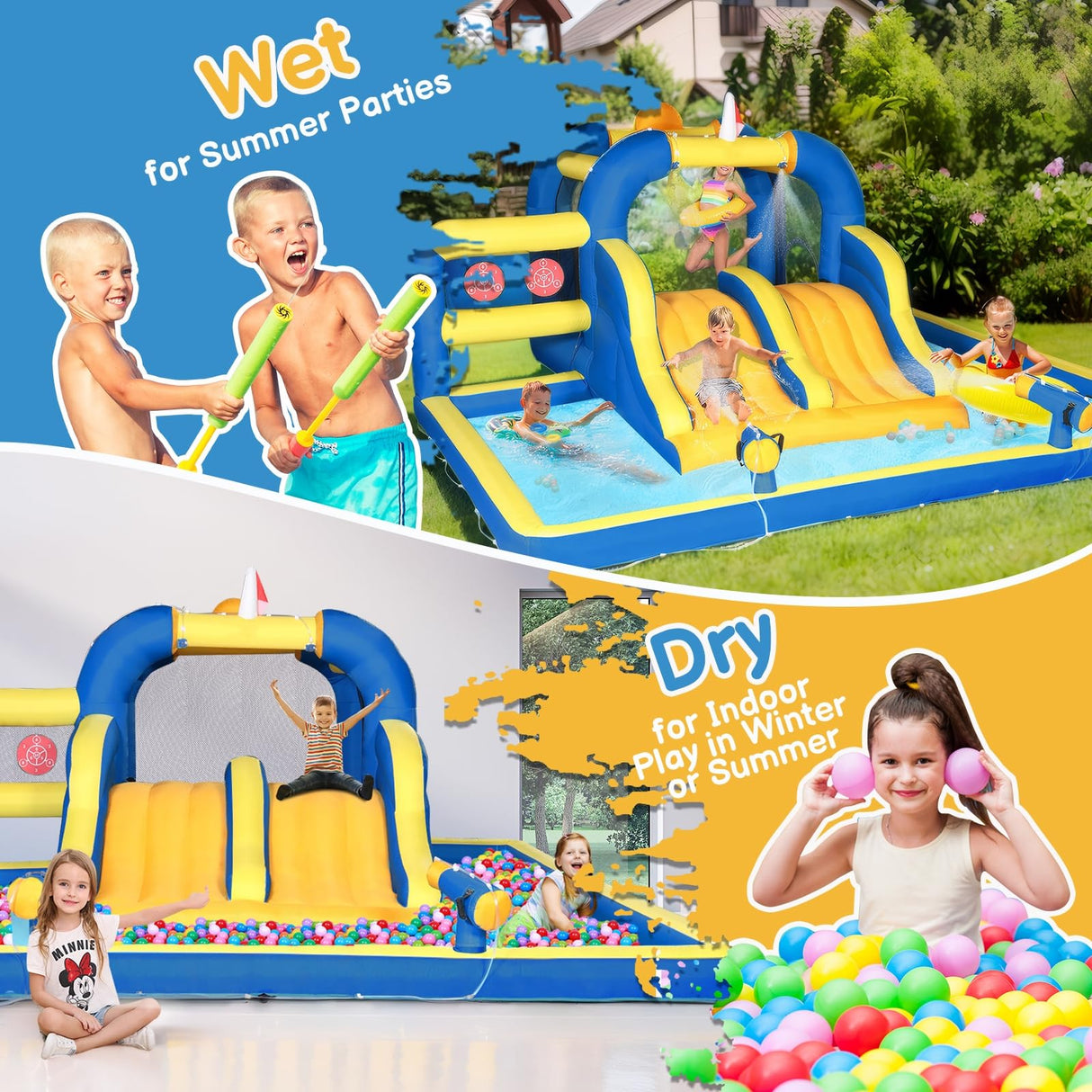 Ktaxon Inflatable Bounce House, Jumping Outdoor Air Castle Children Bouncer Double Water Slide with Air-Blower for Backyard, Park, Lawn (181" L x 181" W x 86.7" H) Ktaxon