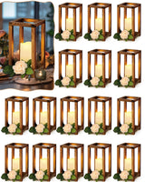 Huquary 32 Pcs Wooden Candle Lantern Bulk Wedding Lantern Centerpiece includes 16 Farmhouse Wooden Candle Holder and 16 Flameless Decorative LED Candles for Wedding Country Table Decoration Huquary