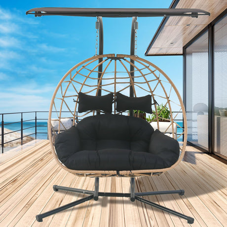 Jadoxy 2 Person Hanging Egg Chair with Canopy, Outdoor Rattan Swing Hammock Basket Chair with Soft Cushion, Wicker Egg Chair for Outdoor Patio, Balcony, Garden (Black) Jadoxy