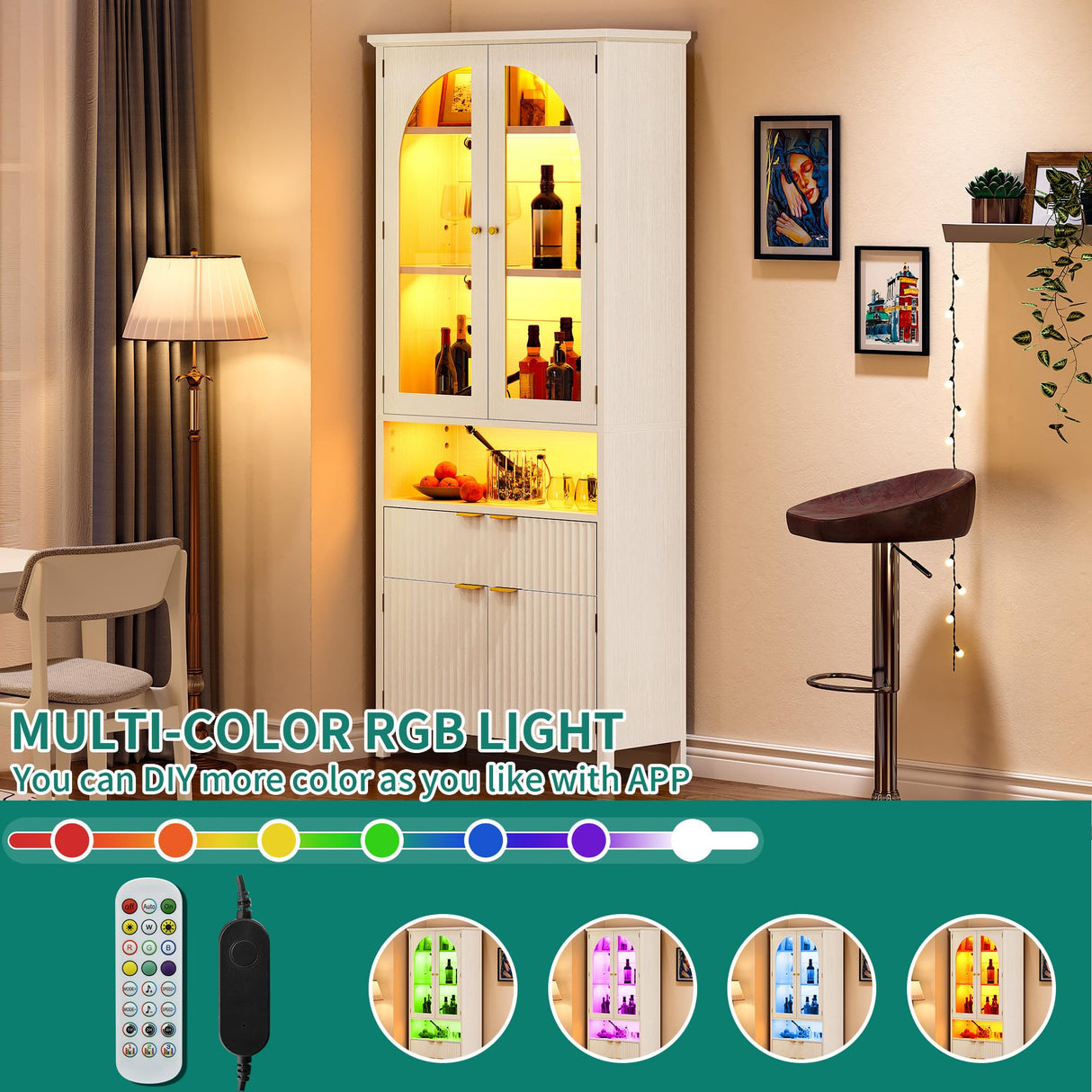 YITAHOME 72" Tall Fluted Bookshelf with LED Lights, White Bookcase with Drawers, Arched Glass Doors, 6-Tier Storage Cabinet Bookcase for Living Room, Office and Study YITAHOME