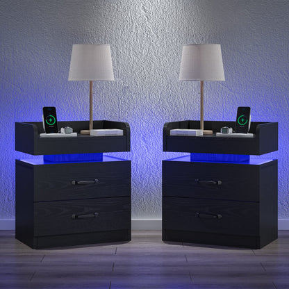 Black Nightstand with Charging Station, Night Stand with LED Lights, Modern Led End Table Nightstand for Bedroom, Bedside Table with 2 Drawers, Bed Side Table with Storage for Living Room - WoodArtSupply