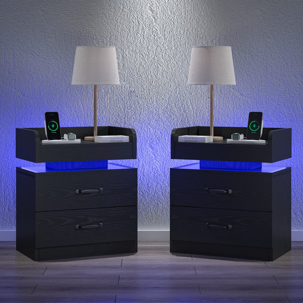 4ever2buy Nightstand Set of 2, Black Nightstand with Charging Station, Led Night Stand with 2 Drawer, Modern Bed Side Table with LED Strip Lights, Bedside End Table for Bedroom Living Room 4ever2buy