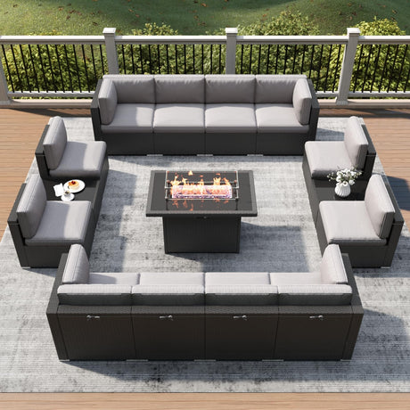 LayinSun 15 Piece Patio Furniture Set with Fire Pit Table, Outdoor Conversation Sets Wicker Rattan Sectional Sofa with Coffee Table LayinSun