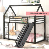 Merax Modern Twin Over Twin Heavy Steel Low Bunk Bed with Ladder and Slide, House Shaped Bunk Bed Frame with Full Lenght Guardrail, No Box Spring Needed, Space-Saving, Black Merax