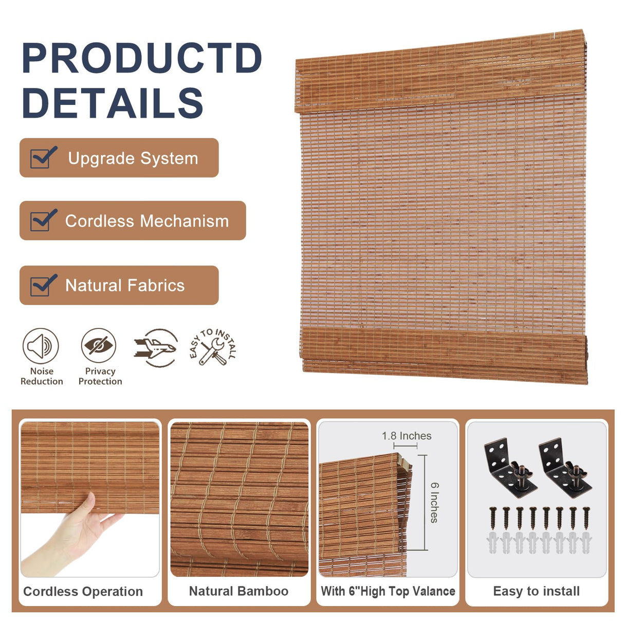 Sunbox Bamboo Roman Shades, Cordless Bamboo Blinds, Custom Size, Light Filtering Window Treatment, Natural Woven Wood Roman Shades for Windows, Doors, Caramel Sunbox