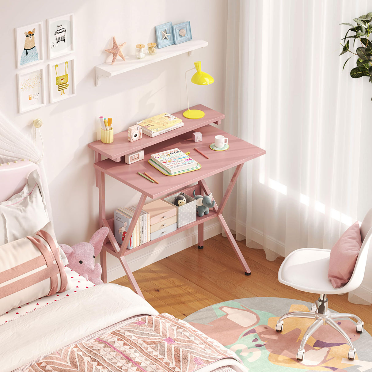 COTUBLR Small Desk, 27.5 Inch Small Computer Desk for Small Spaces, Computer Desk with Adjustable Monitor Stand, Compact Desk with Storage, Tiny Desk Study Desk for Bedroom Home Office, Pink COTUBLR