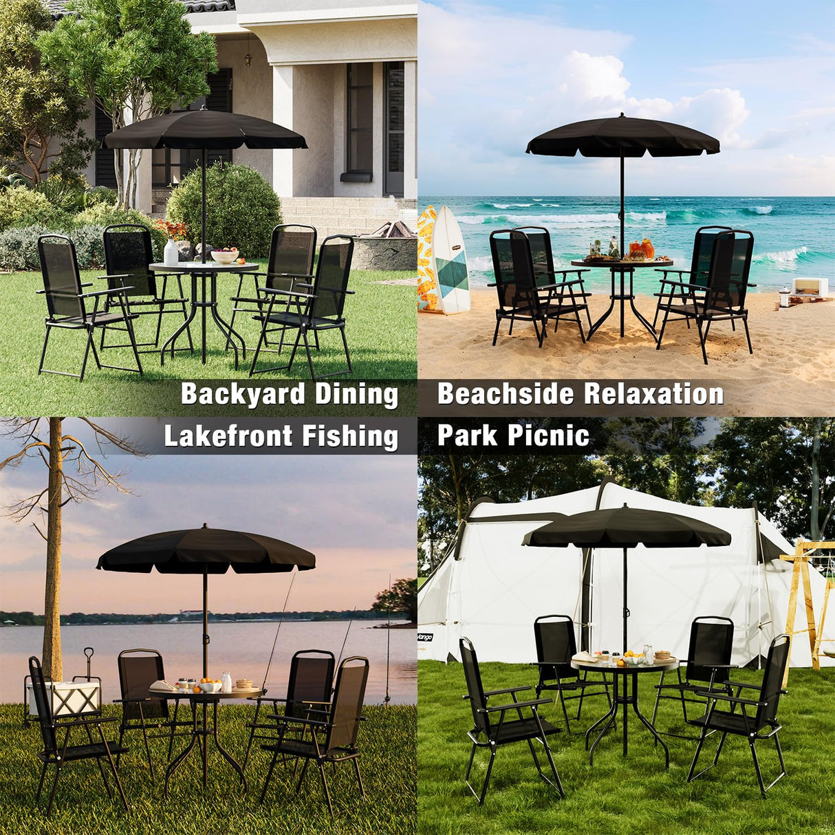 TAVATA 6 Piece Patio Dining Set with Umbrella, Outdoor Furniture Set with 4 Folding Chairs & Portable Metal Garden Table for Lawn, Backyard, Deck, Camping（Black） TAVATA