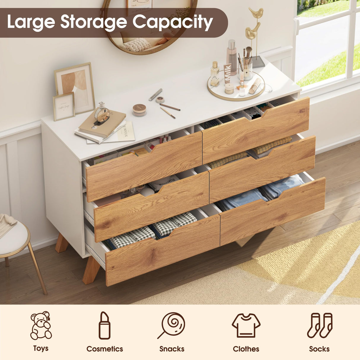 EazeHome Dresser for Bedroom with 6 Drawers, Rustic Brown Modern Wide Chest of Drawers, Large Wooden Storage Organizer for Living Room, Hallway, Entryway EazeHome
