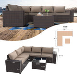 Kullavik Outdoor Patio Furniture Set 6 Pieces Sectional Rattan Sofa Set Brown PE Rattan Wicker Patio Conversation Set with 5 Seat Cushions and 1 Tempered Glass Table,Sand Kullavik