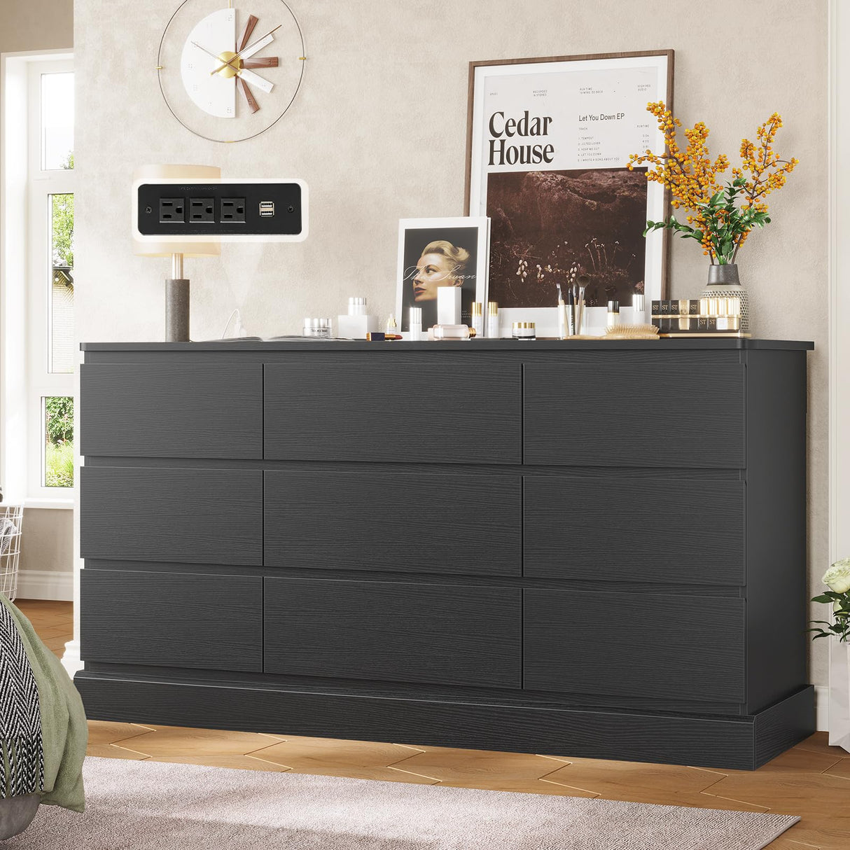 Hasuit Modern Black Dresser for Bedroom with 9 Drawers, 61.4"Wide Dressers Chest of Drawer with Large Capacity Storage, Long Dresser TV Stand with Power Outlets, Sturdy Storage Cabinet for Living Room Hasuit
