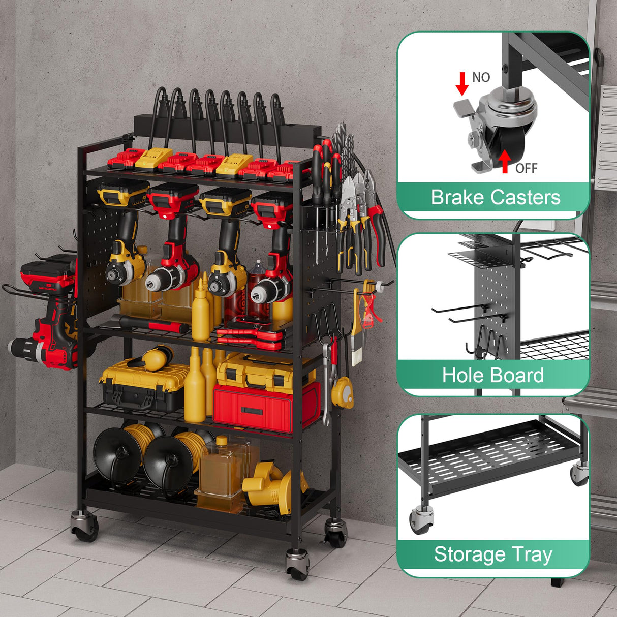 Power Tool Organizer Cart with Charging Station, Garage Rolling Storage with Drill Holder, Utility Rack for Cordless Tools, Battery & Screwdriver Shelf on Wheels, Tool Chest,Gifts for Dad Husband Sttoraboks