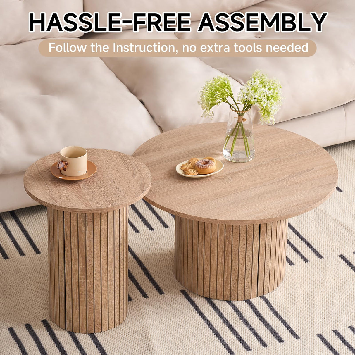 Valivestia Round Nesting Coffee Tables Set of 2, Mid Century Modern Small End Table with Fluted Style Drum Side Tables, Wood Slat Side Table Set for Living Room Bedroom Balcony Office Valivestia