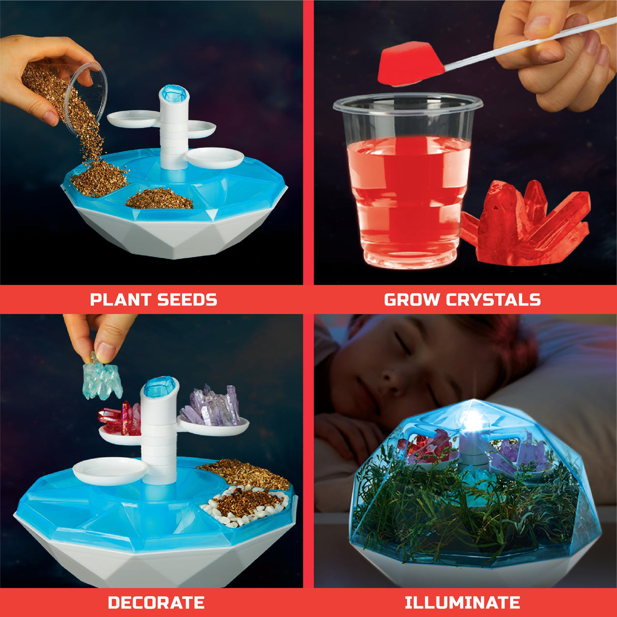 Discovery™ #Mindblown DIY Light-Up LED Terrarium - Plants & Crystals Geodome Grow Kit, 3 Colorful Crystal Formations, Rye Grass, Education STEM Activity Set, Indoor Science Experiment, Chemistry Gift Discovery Kids