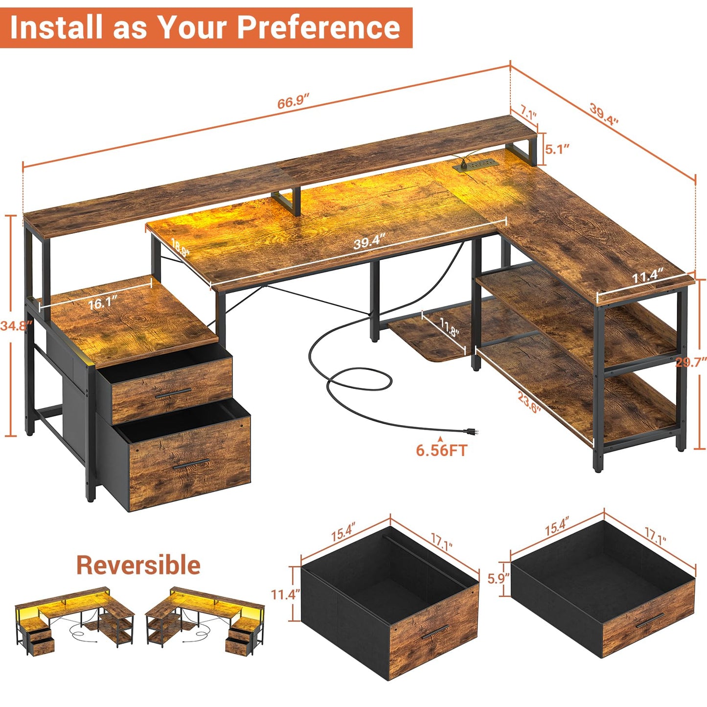 Aheaplus L Shaped Desk with File Drawer, 66" Reversible L Shaped Computer Desk with Power Outlet & LED Strip, Gaming Desk with Monitor Stand, Office Desk Corner Desk with Storage Shelf, Rustic Brown