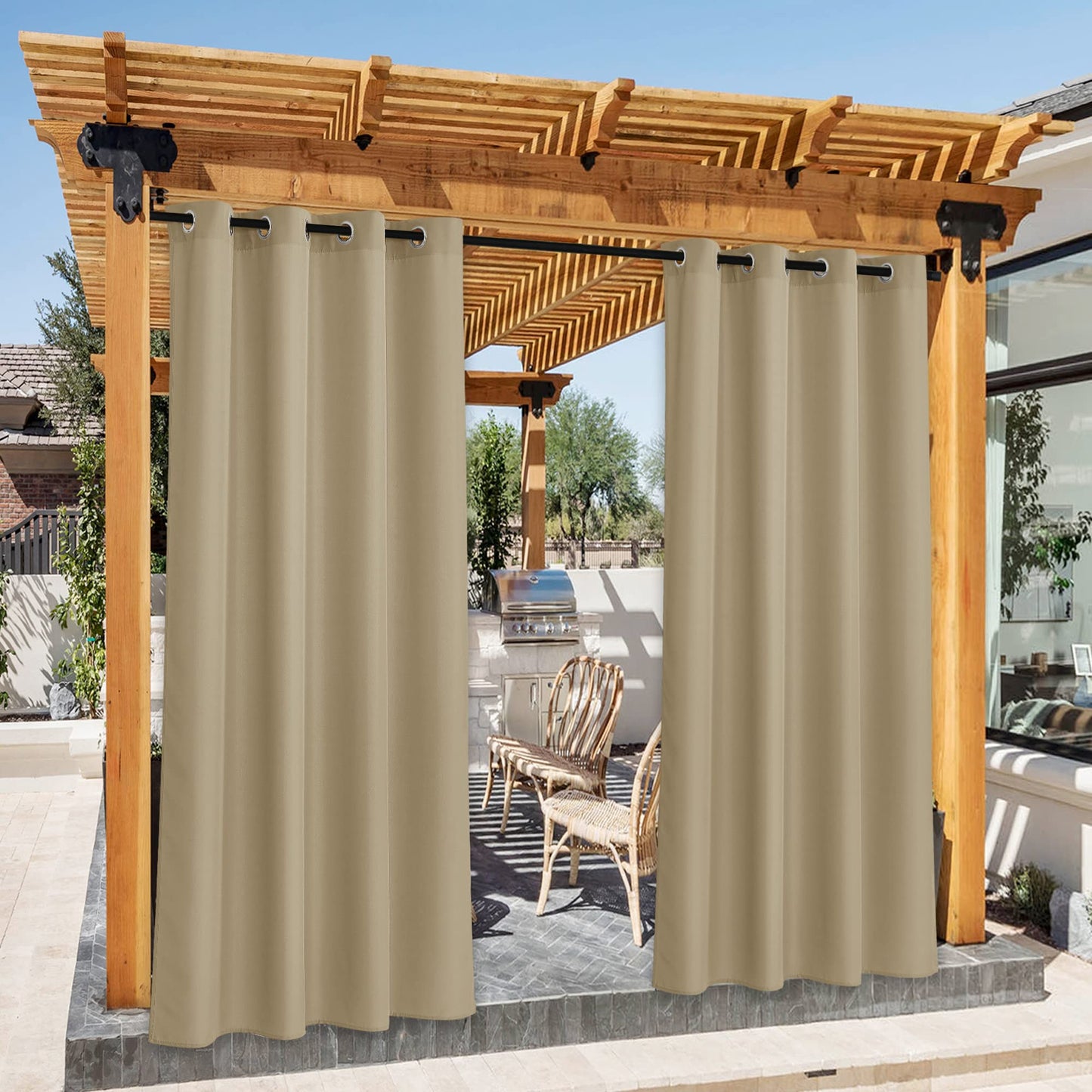 NICETOWN 2 Panels Outdoor Curtains for Patio Waterproof, Stainless Steel Grommet Indoor Outdoor Vertical Drapes for Front Porch & Canvas, W55 x L84, Taupe - WoodArtSupply