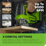 Greenworks 24V Jig Saw,Brushless 1 Inch Jigsaw,3000 SPM,45° Cutting Angle,4 settings Orbital Motion,24V Charger and 4Ah USB Battery Greenworks