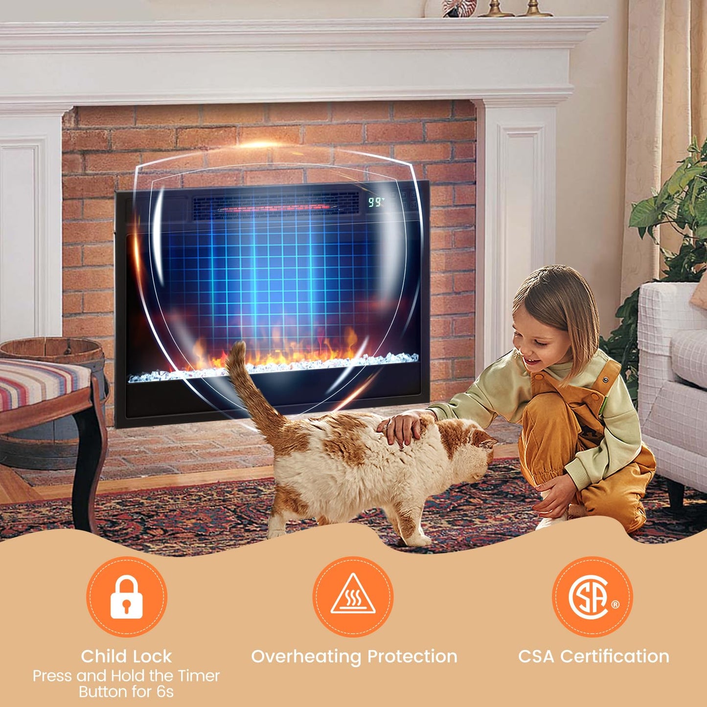 COSTWAY Electric Fireplace Inserts 23-inch Wide, 1500W Recessed Fireplace Insert with Remote Control, 6 Flame Colors, 5 Brightness, 8H Timer, Overheat Protection, Infrared Fireplace Heater for Indoor