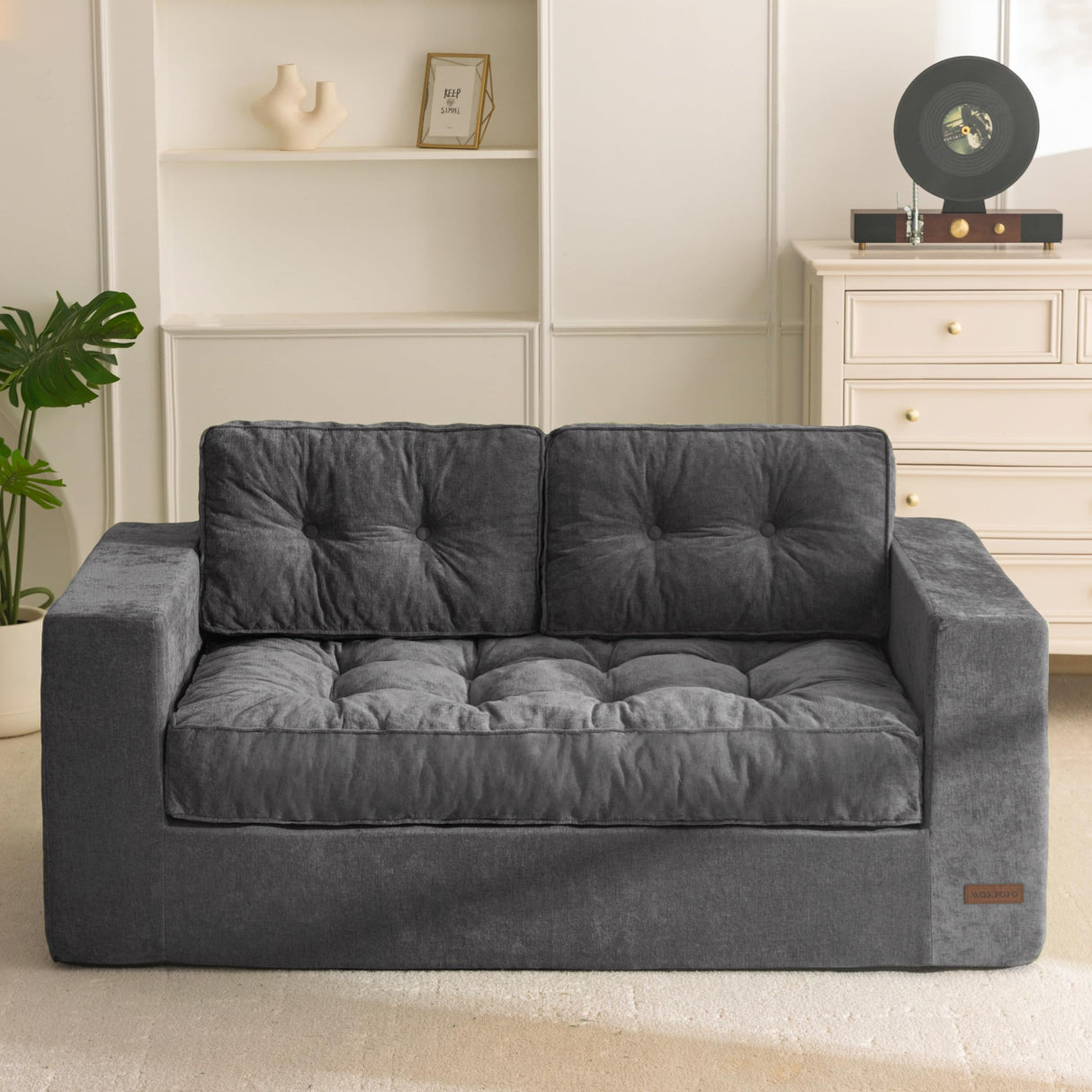 MAXYOYO Boneless Sofa Couch, Loveseat Sofa for Small Space, Tufted 2-Seater Floor Couch Bean Bag Chair for Living Room Bedroom Apartment, Sofa in a Box, No Assembly Needed, Dark Grey MAXYOYO