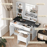 Esmlada Large Vanity Desk with Mirror and Light, Makeup Vanity Table and Cushioned Stool Set, Bedroom Dressing Table with Charging Station and 3 LED Light Modes Brown Esmlada