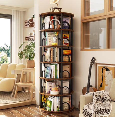 Aheaplus 6 Tier Rotating Bookshelf Tower, Revolving Bookcase, 360° Round Spinning Book Shelf, Narrow Swivel Bookshelves Vertical Turning Corner Bookshelf Organizer for Small Space, Rustic Brown Aheaplus