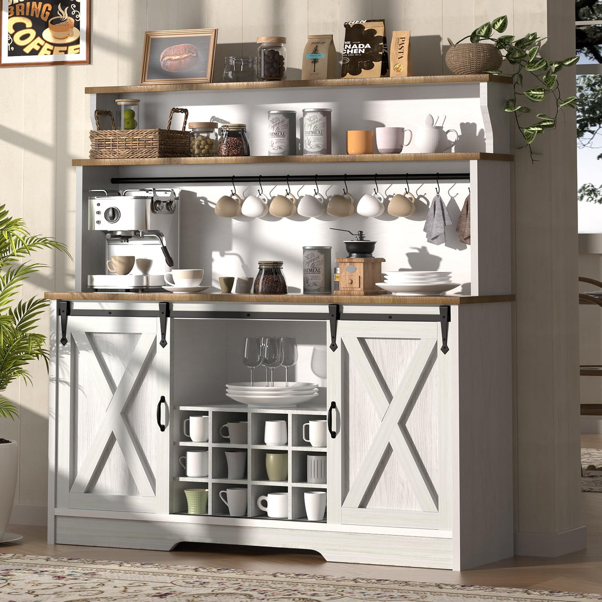 BestHaped 55'' Farmhouse Coffee Bar Cabinet with 3 Tier Storage Hutch, Coffee Bar Station with Sliding Barn Door, Hutch Storage Cabinet with 12 Wine Racks & 9 Hooks for Kitchen Dining Living Room BestHaped