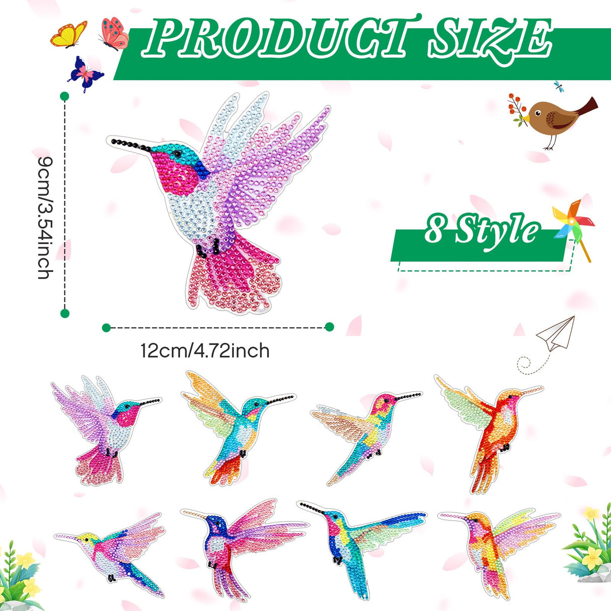 Yeaqee 8 Pcs 5D Butterfly Hummingbird Diamond Art Bookmarks Acrylic Crystal Pendant Diamond Art Bookmark Kits for Adults Home Office Project, 8 Styles(Hummingbird) Yeaqee