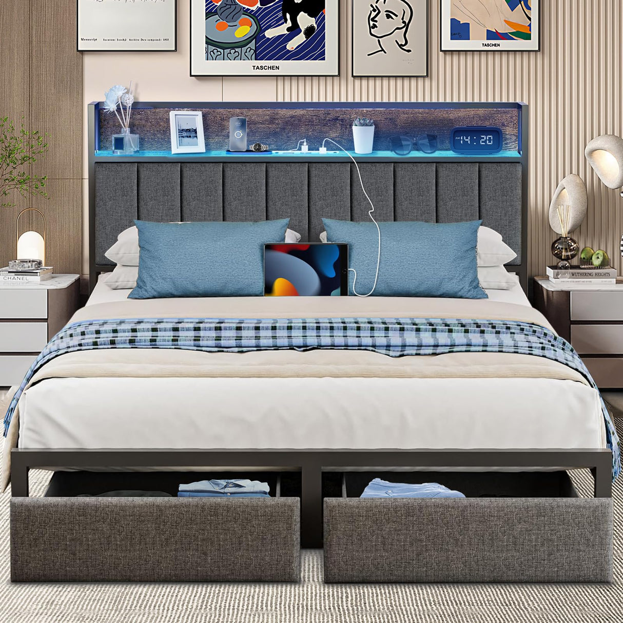 Full Size Bed Frame with Headboard Storage LED Bed with Sliding Drawers and Charging Station, No Box Spring Needed, Thickened Metal Slats, Easy Assembly Yeeloon