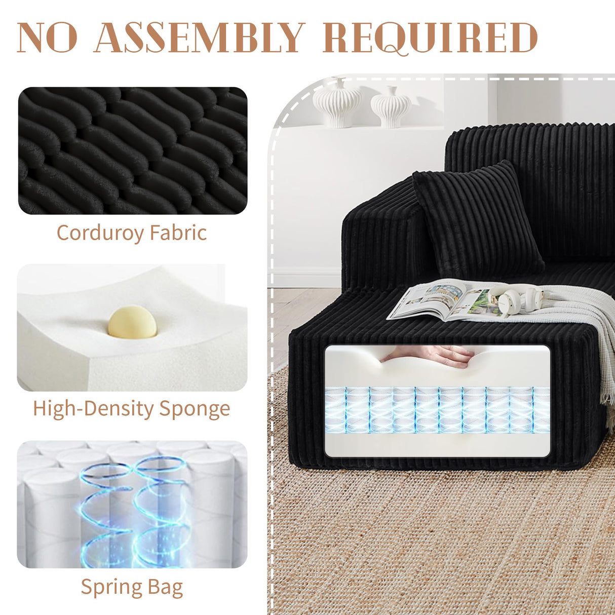 132" Boneless Sectional Cloud Couch Sofa for Living Room, U-Shaped Couch with Double Chaise Lounge, Comfy Memory Foam Modular Sofas Couches for Living Room (Black, 132.48" U-Shaped) OUEEEDD