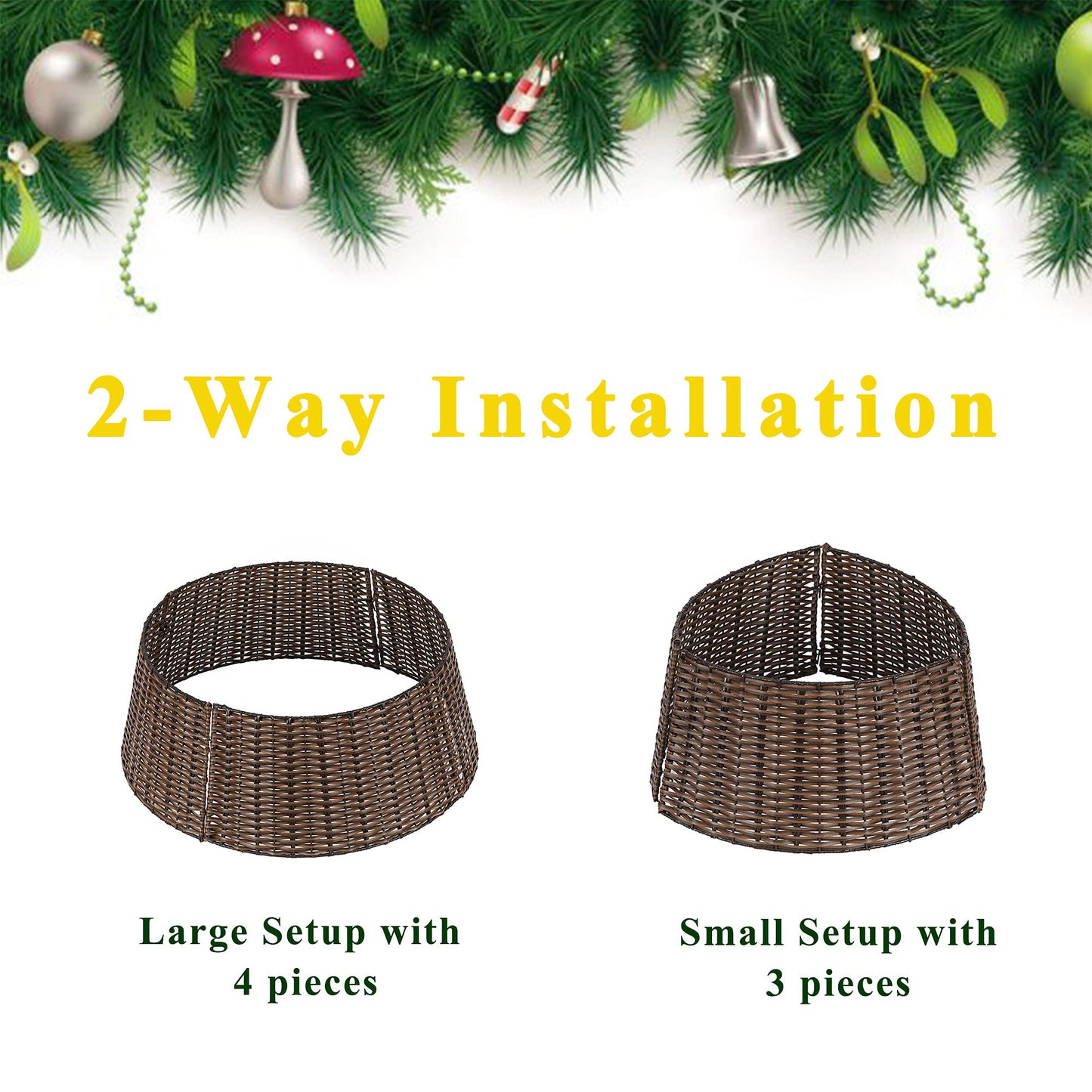 Christmas Tree Collar, 23’’ D Handmade Artificial Rattan Wicker Christmas Stand Tree Collar Basket Base Cover for Holiday Decoration