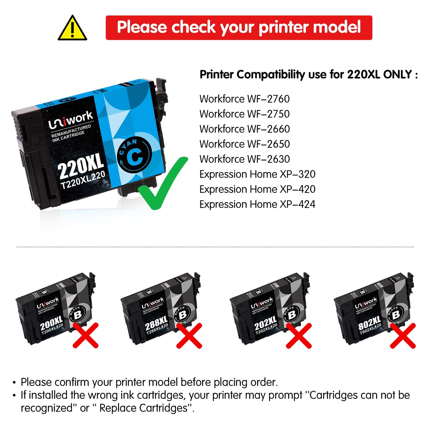 Uniwork T220 220XL Ink Cartridge, Remanufactured 220XL Ink Cartridge Replacement for Epson 220 XL 220XL T220XL use for Workforce WF-2750 WF-2760 WF-2630 WF-2650 WF-2660 XP-320 XP-420 Printer (5 Pack)